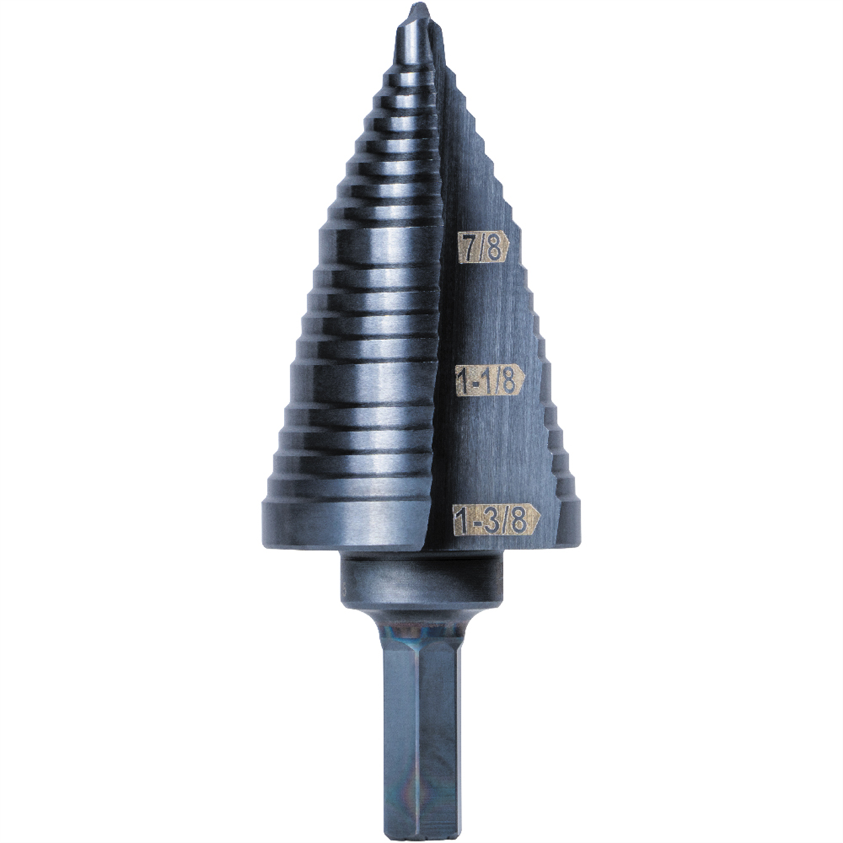 Klein Tools 3-Step Drill Bit, 3/8-Inch Hex, Double Straight Flute, 7/8-Inch to 1-3/8-Inch