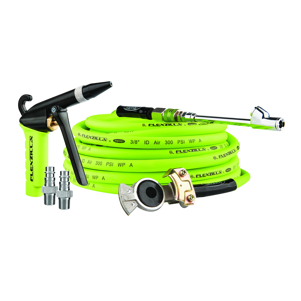 Legacy Manufacturing Flexzilla Truck Tire Inflator Kit, 6-Piece, 3/8 in. x 60 ft., X1 Blow Gun with Rubber Tip, Flexzilla Pro High Flow Coupler and Plugs, 30&deg; Dual Air Chuck, and Glad Hand