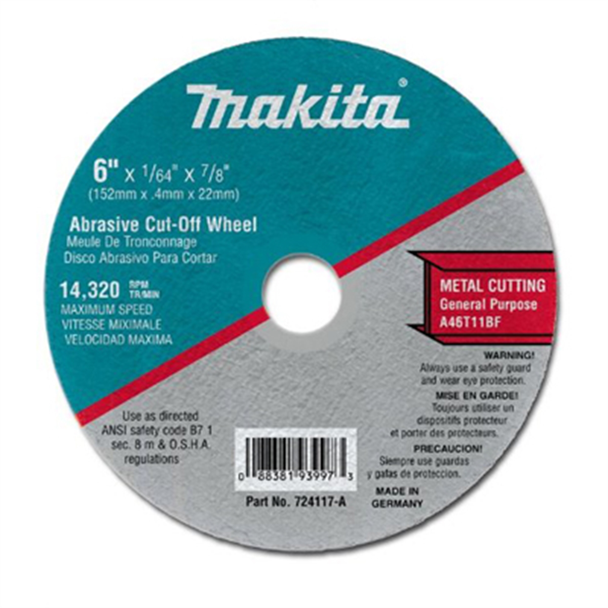 Makita 6" x 7/8" x 1/16" Super Thin Cut off Wheel, Metal, 25/pk