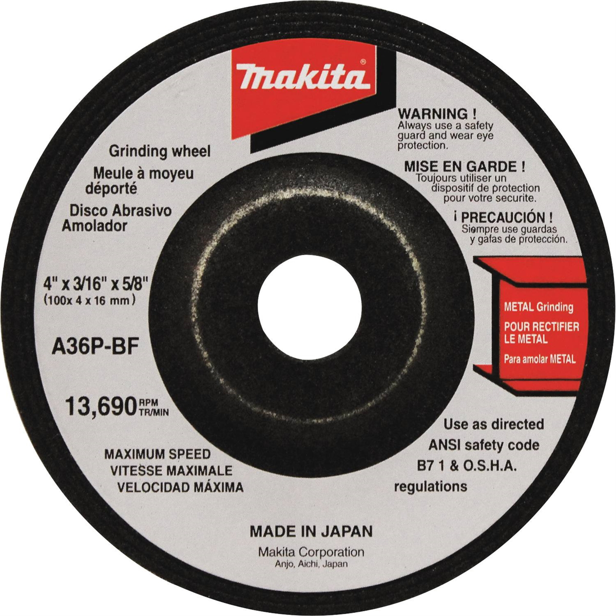 Makita 4" x 5/8" x 3/16" Grinding Wheel, 36 Grit, General Purpose Metal, 5/pk