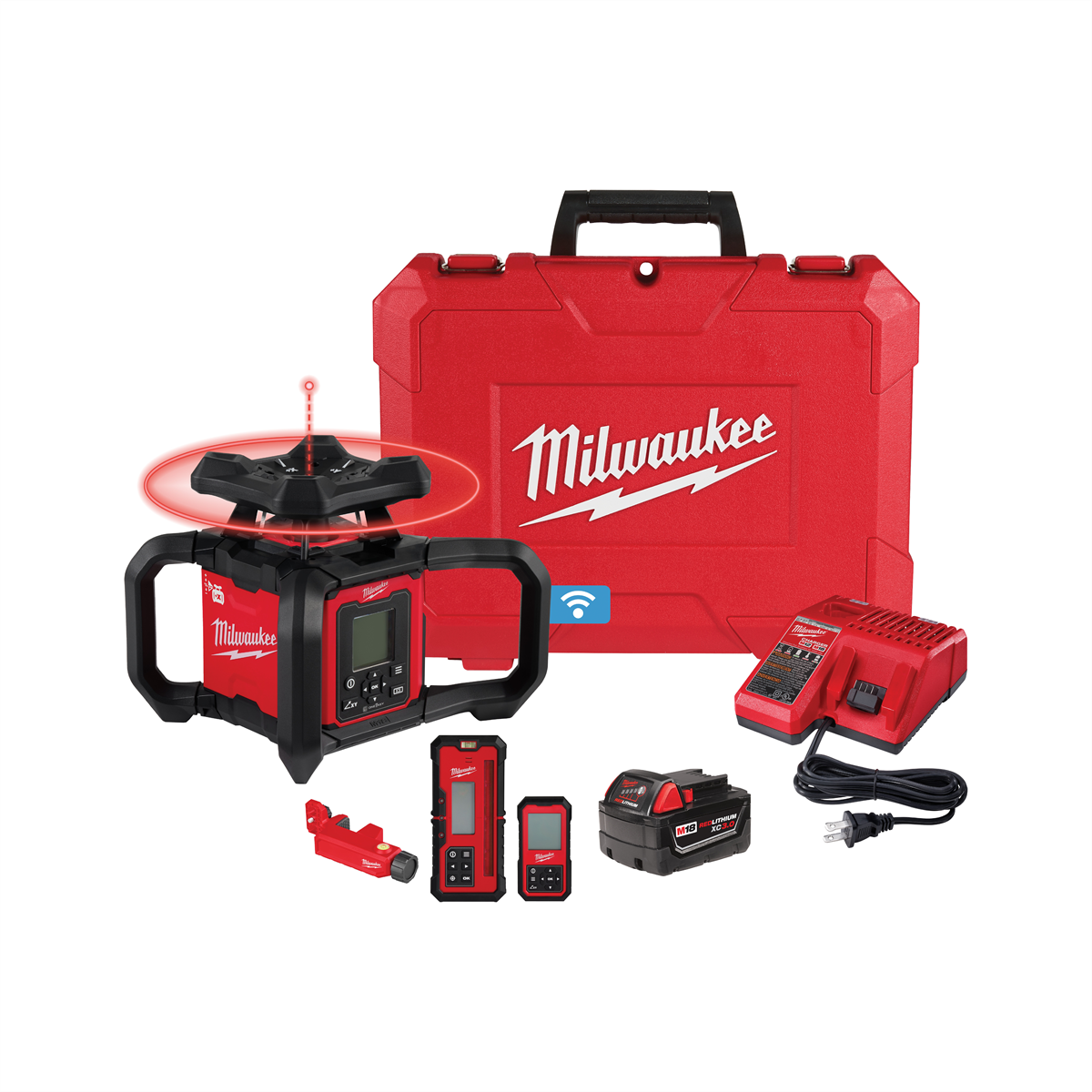 Milwaukee Tool M18 Red Exterior Dual Slope Rotary Laser Level Kit w/ Receiver & Remote