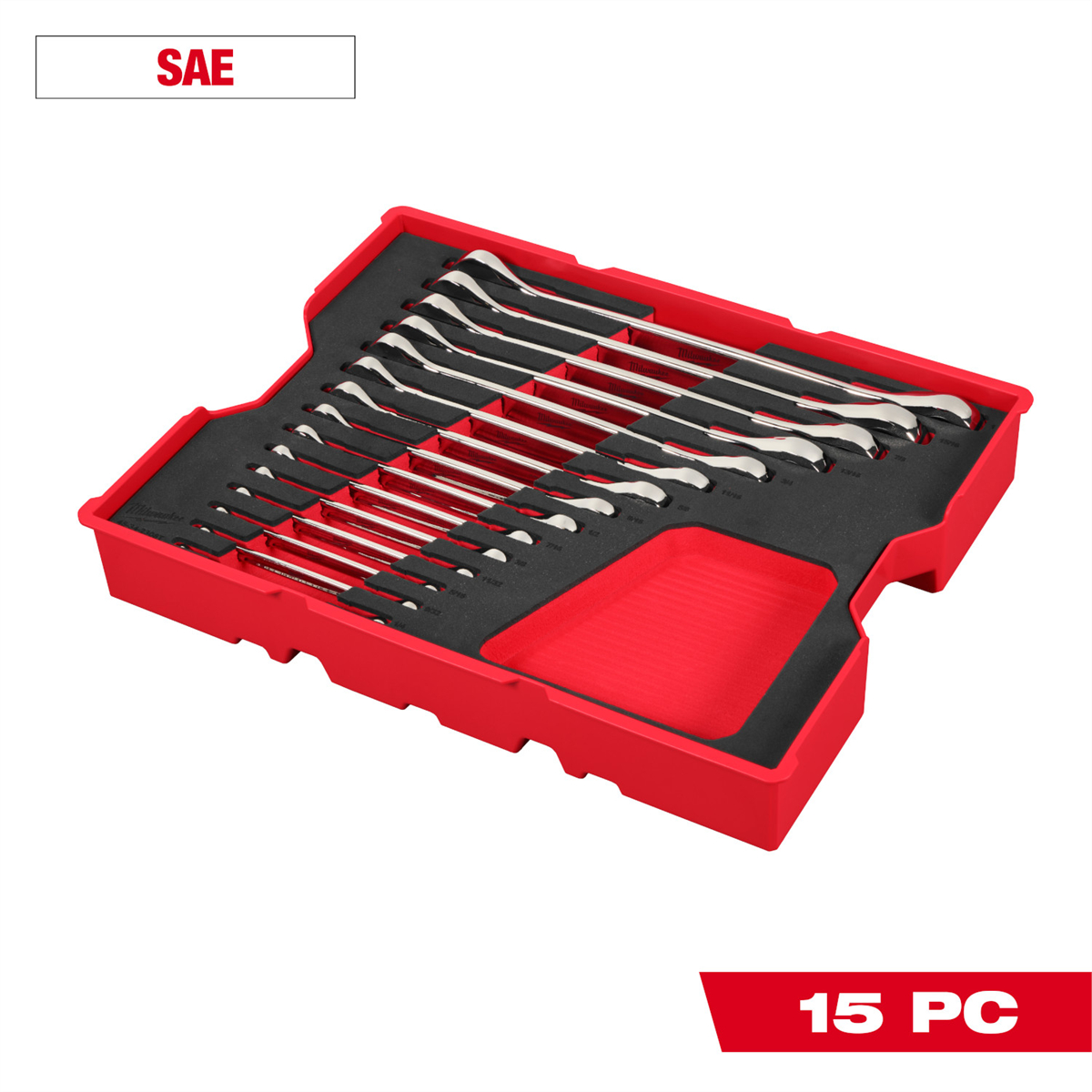 Milwaukee Tool 15 Piece SAE Ratcheting Combination Wrench Set with Tray for PACKOUT Drawers