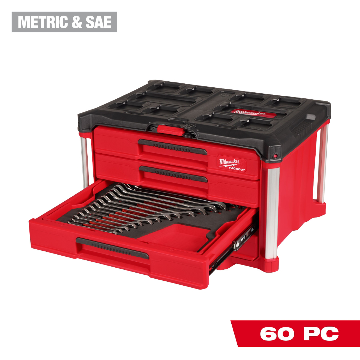 Milwaukee Tool 60 Piece Metric and SAE Combination Wrench Set with PACKOUT 4 Drawer Tool Box