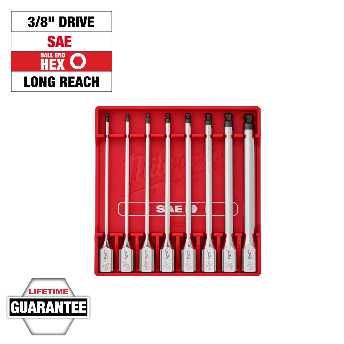 Milwaukee Tool 3/8 Inch Drive Long Ball End Hex Bit Socket Set - SAE - 8 Piece