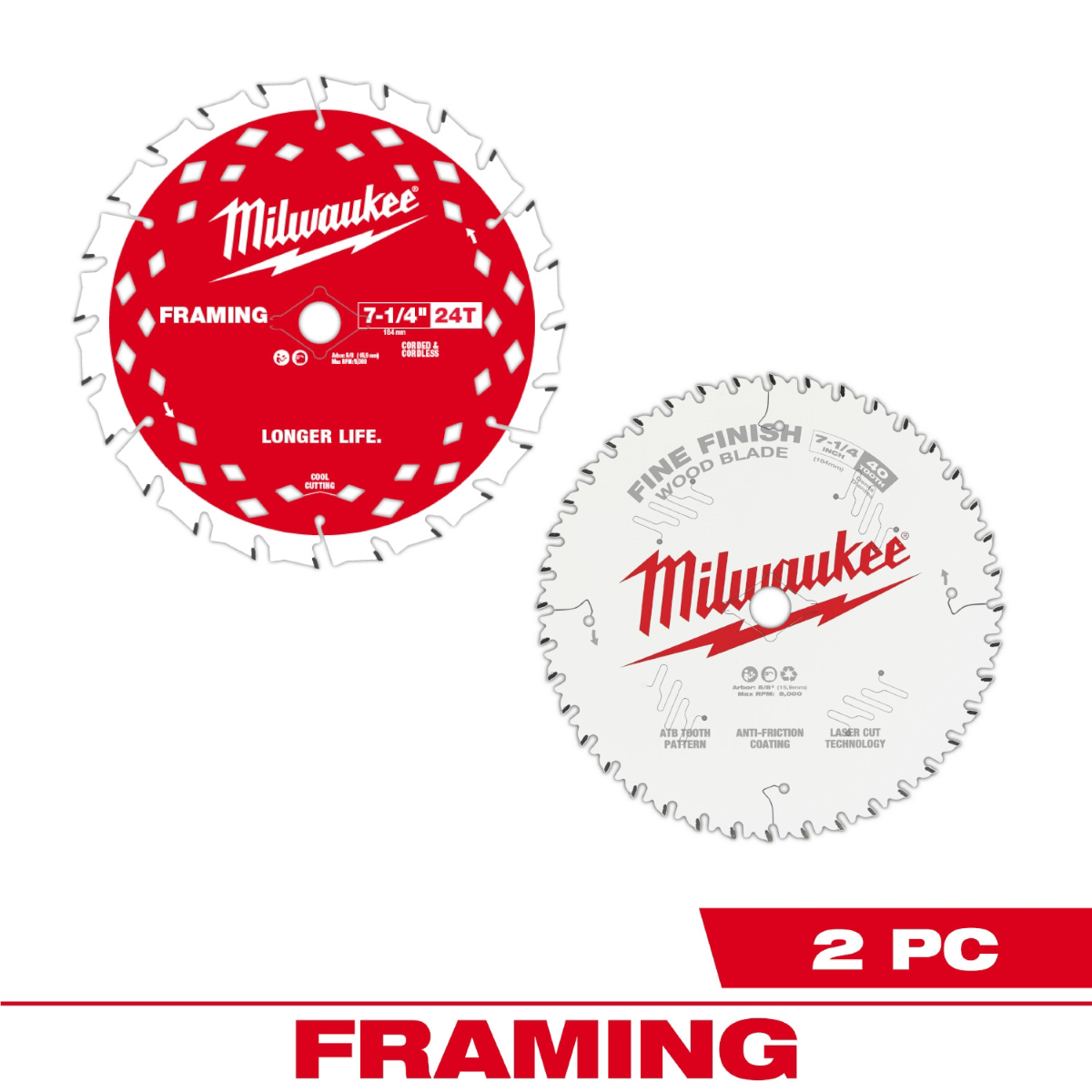 Milwaukee Tool 7 1/4 inch 24T Framing and 40T Fine Finish Circular Saw Combo Pack - 2PK