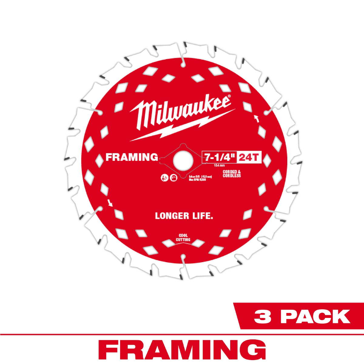 Milwaukee Tool 7-1/4 Inch 24t Framing Circular Saw Blade - 3pk