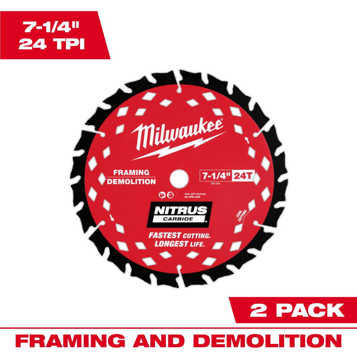 Milwaukee Tool 7-1/4 Inch 24t Nitruscarbideframing & Demolition Circular Saw Blade ‐ 2 Pk