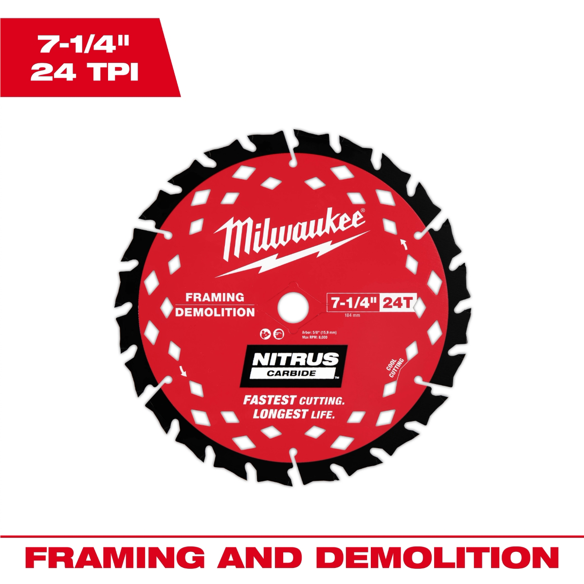 Milwaukee Tool 7-1/4 Inch 24t Nitrus Carbide Framing & Demolition Circular Saw Blade Bulk 10