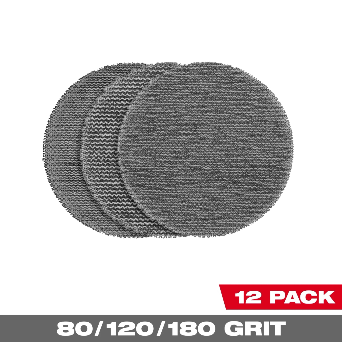 Milwaukee Tool 3 Inch Assorted 80, 120, 180 Grit Mesh Sanding Discs with POWERGRID Tear Resistant Mesh &hyphen; (12 PK) + Pad Saver