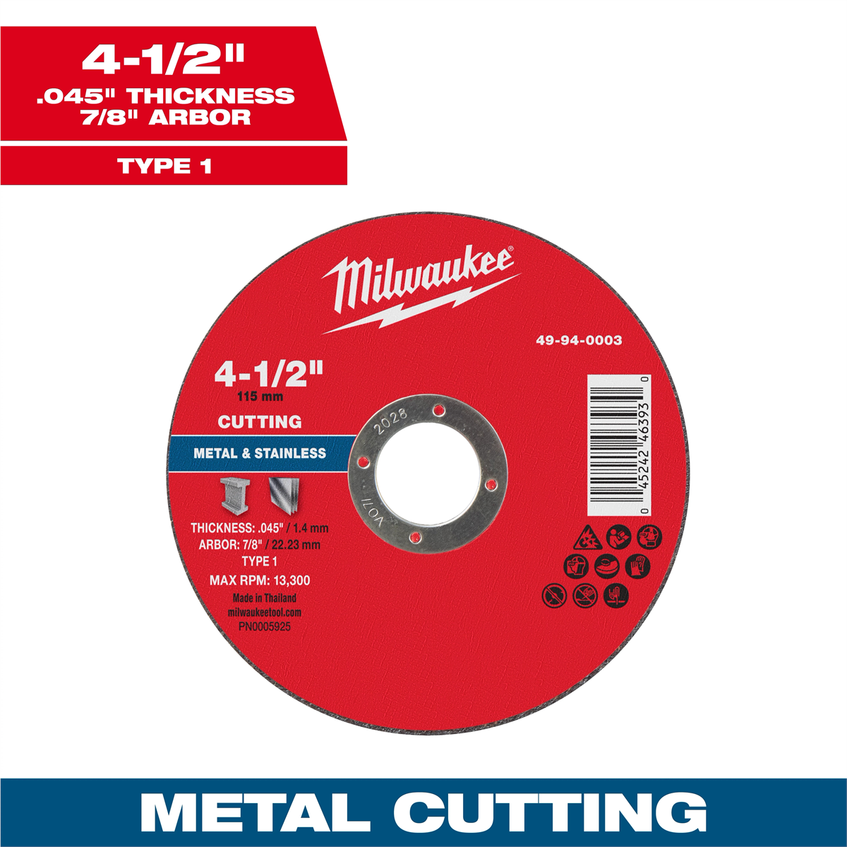Milwaukee Tool 4-1/2" x .045" x 7/8" Metal Cut Off Wheel -Type 1