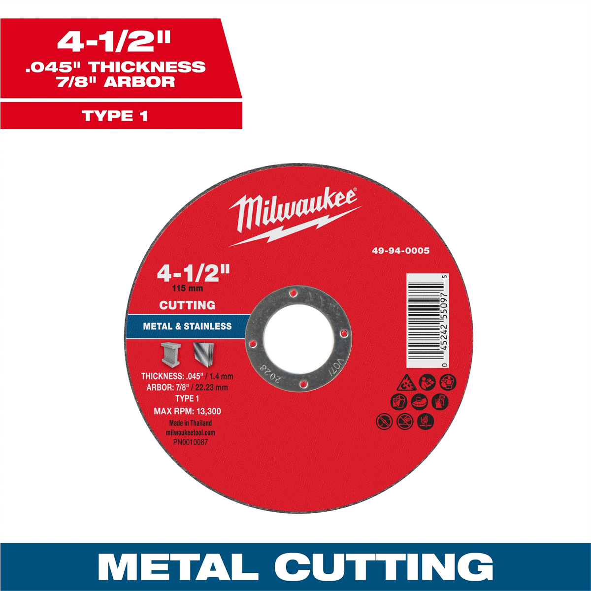 Milwaukee Tool 4-1/2" X .045" X 7/8" Metal Cut Off Wheel -type 1