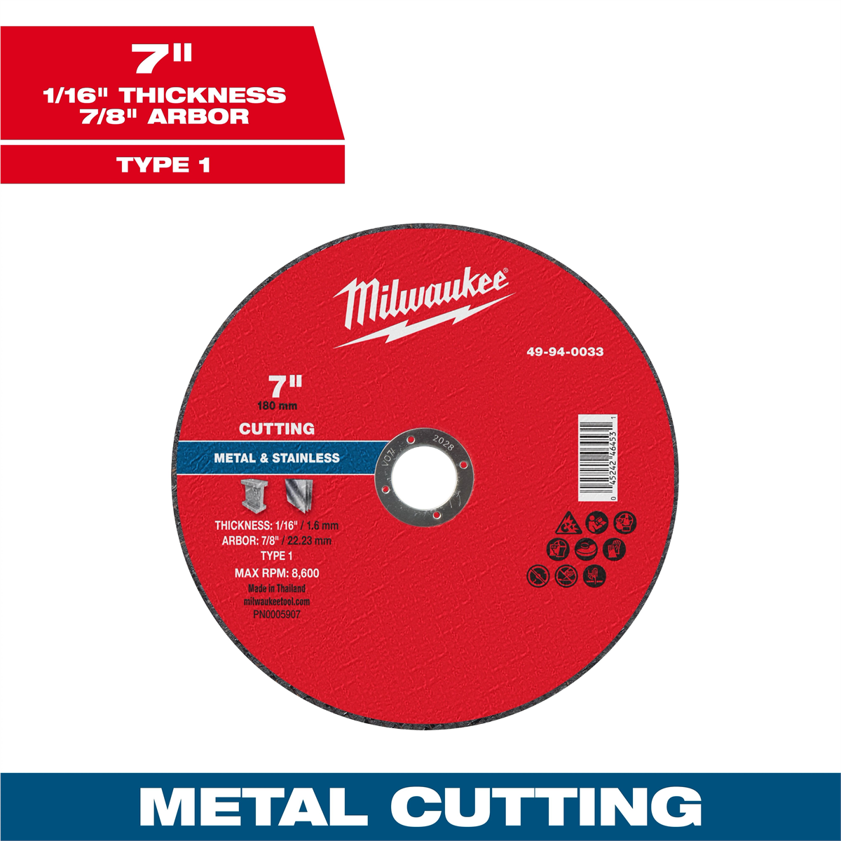 Milwaukee Tool 7" X 1/16" X 7/8" Metal Cut Off Wheel -type 1