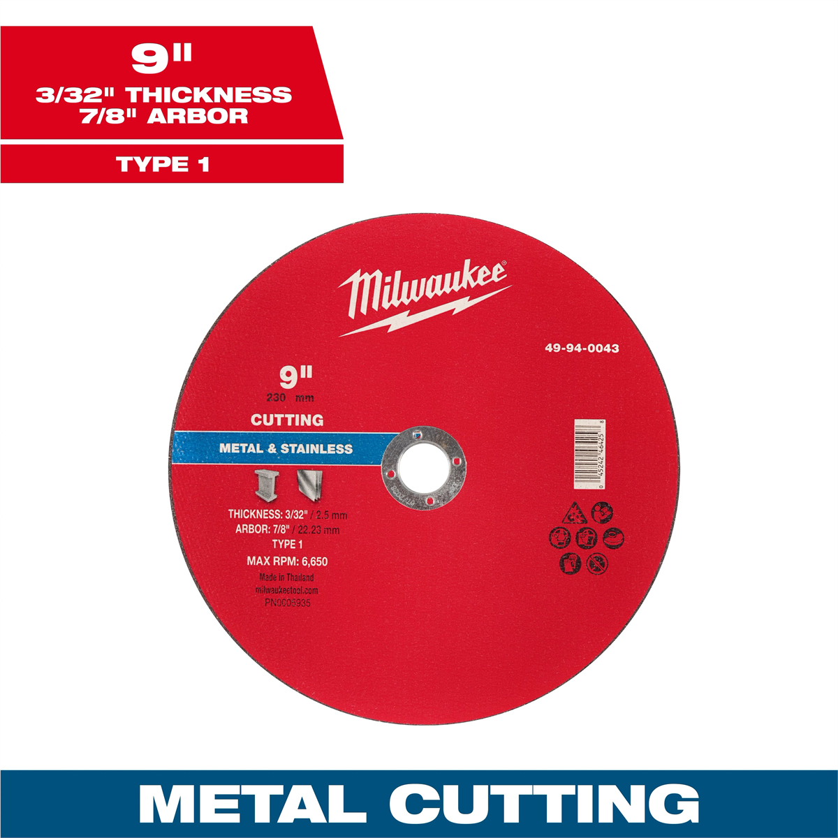 Milwaukee Tool 9" X 3/32" X 7/8" Metal Cut Off Wheel -type 1