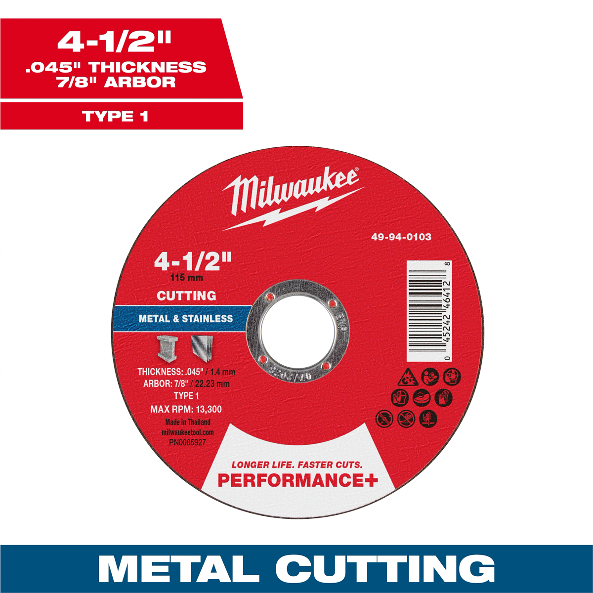 Milwaukee Tool 4-1/2" X .045" X 7/8" Performance+ Metal Cut Off Wheel - Type 1