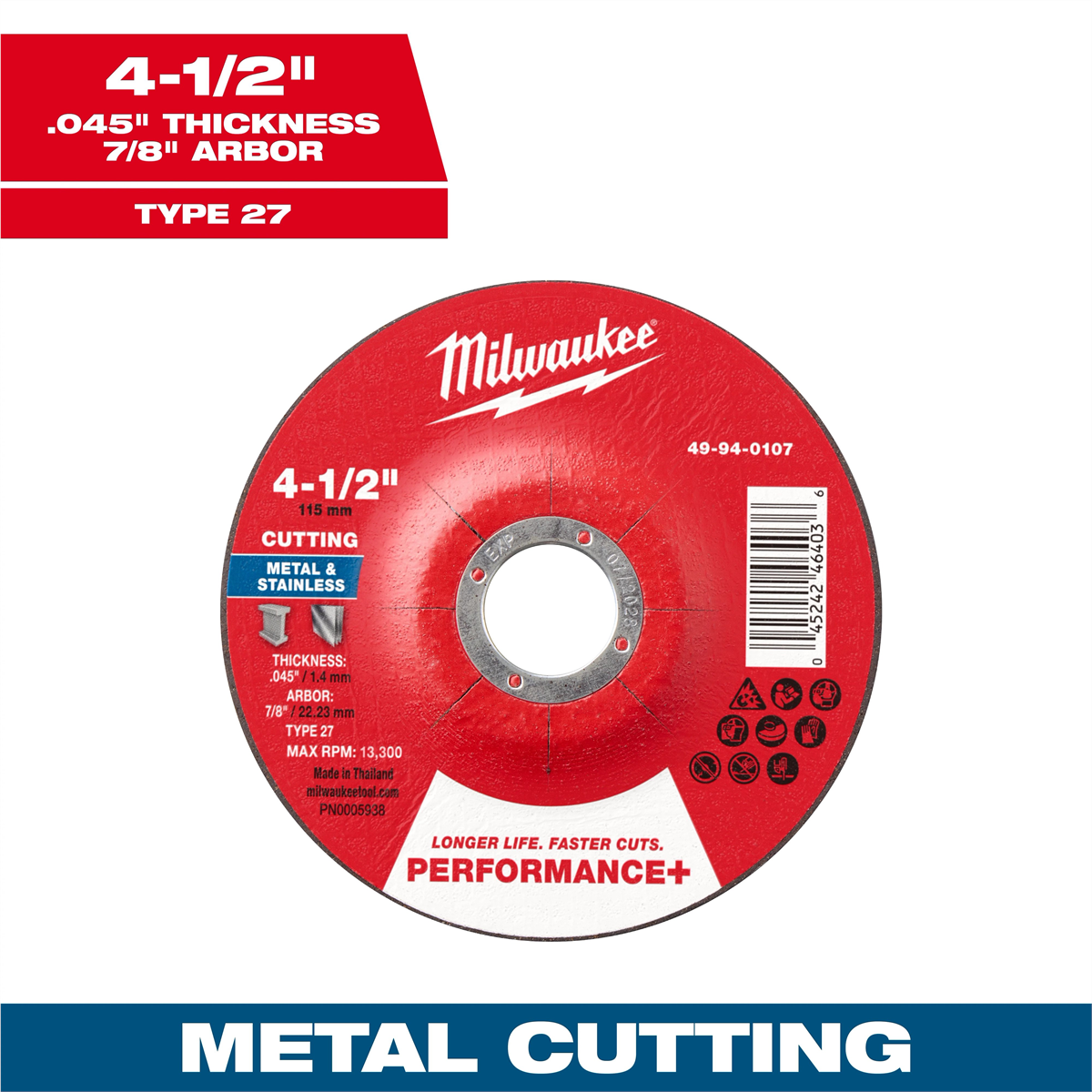 Milwaukee Tool 4-1/2" X .045" X 7/8" Performance+ Metal Cut Off Wheel - Type 27