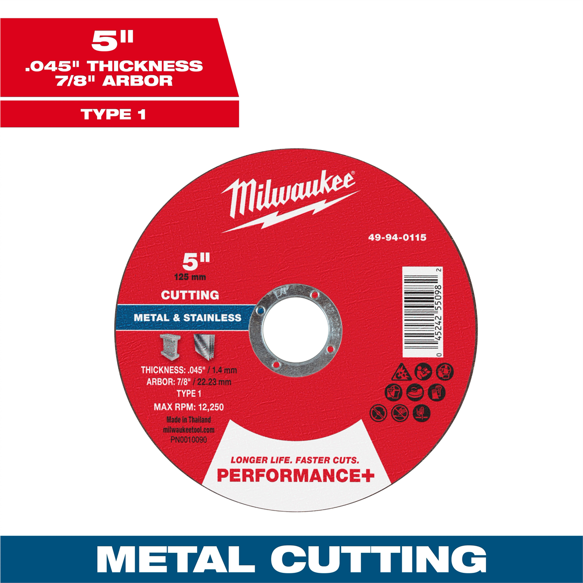 Milwaukee Tool 5" X .045" X 7/8" Performance+ Metal Cut Off Wheel - Type 1