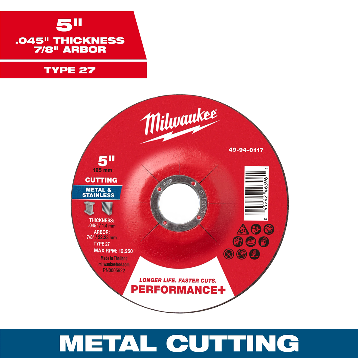 Milwaukee Tool 5" X .045" X 7/8" Performance+ Metal Cut Off Wheel - Type 27
