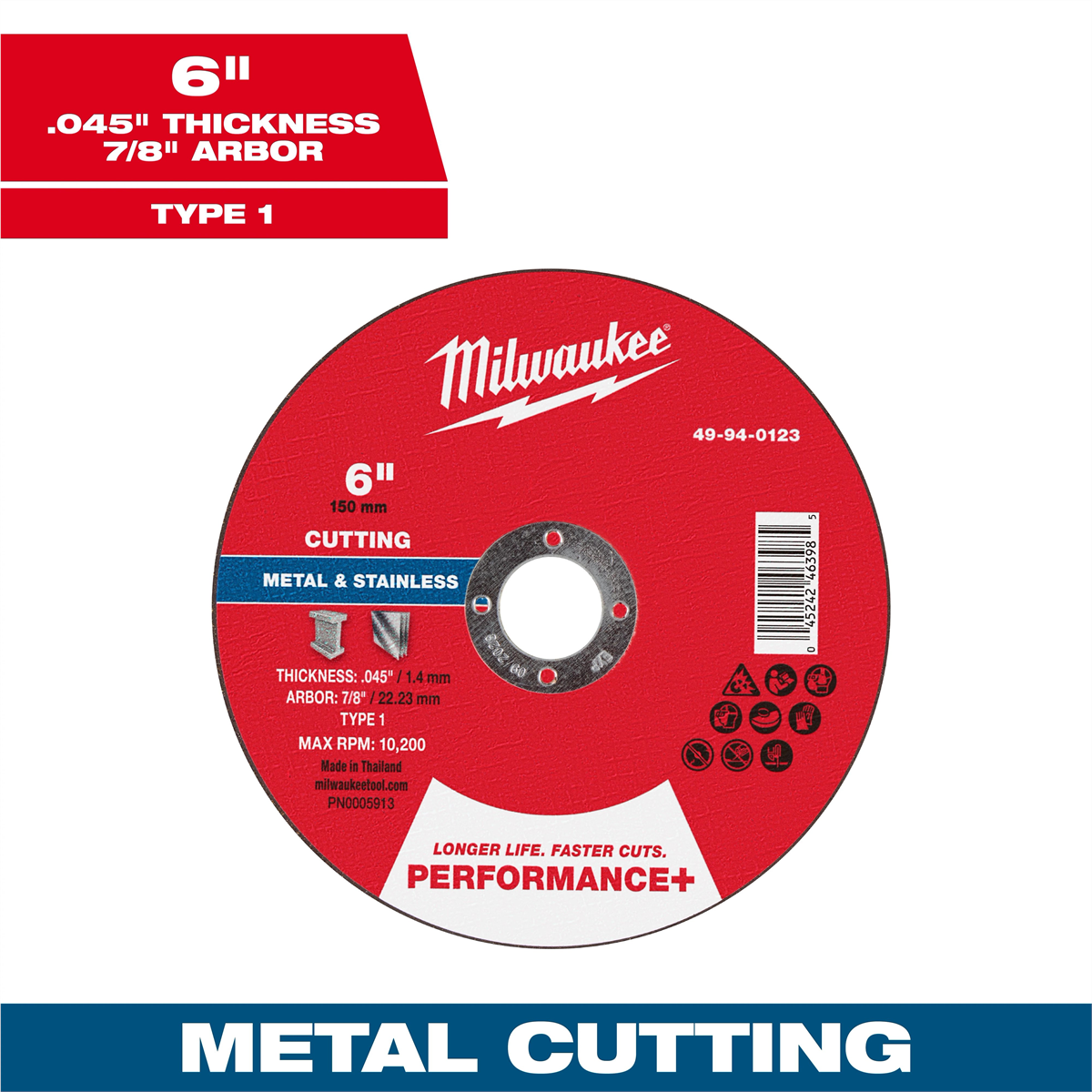 Milwaukee Tool 6" X .045" X 7/8" Performance+ Metal Cut Off Wheel - Type 1