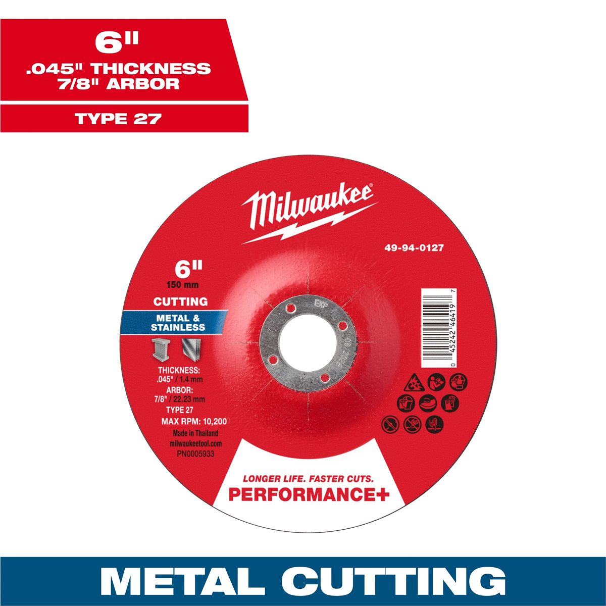 Milwaukee Tool 6" X .045" X 7/8" Performance+ Metal Cut Off Wheel - Type 27