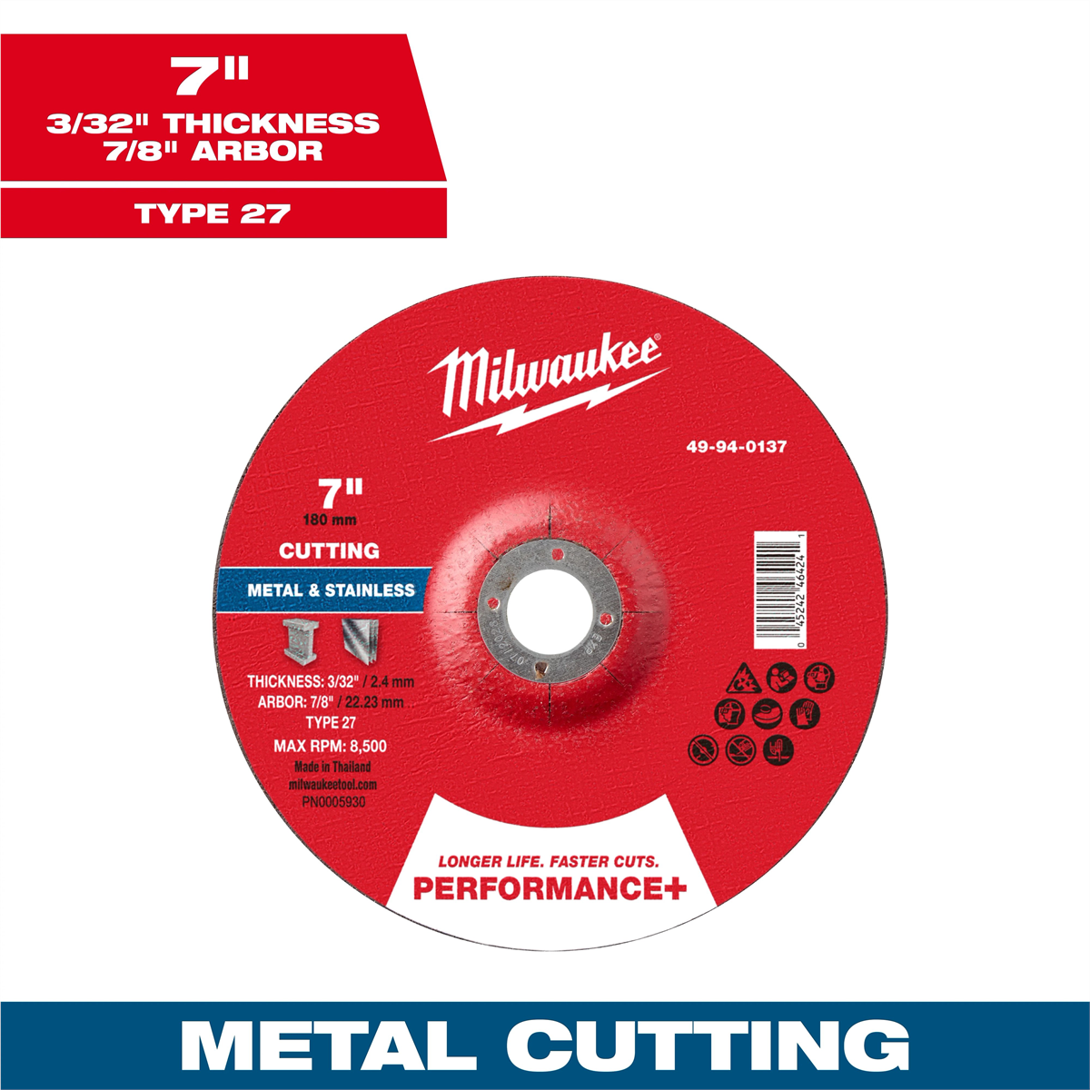 Milwaukee Tool 7" X 3/32" X 7/8" Performance+ Metal Cut Off Wheel - Type 27