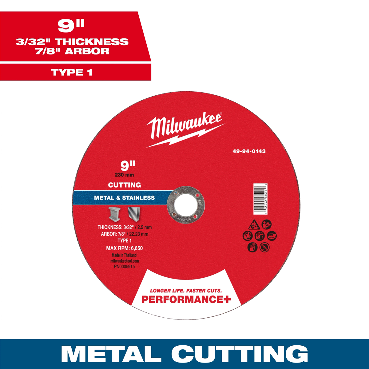 Milwaukee Tool 9" X 3/32" X 7/8" Performance+ Metal Cut Off Wheel - Type 1