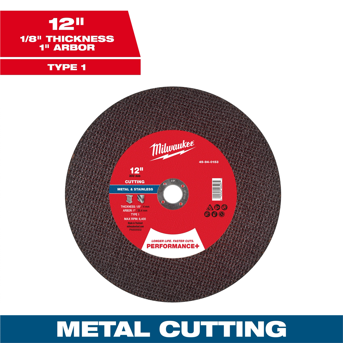 Milwaukee Tool 12" X 1/8" X 1" Performance+ Metal Cut Off Wheel - Type 1