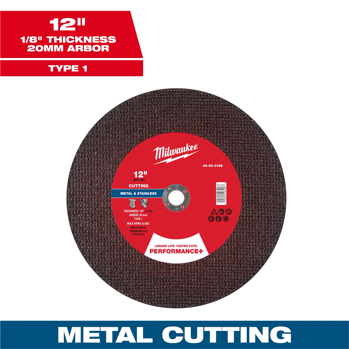 Milwaukee Tool 12" X 1/8" X 20mm Performance+ Metal Cut Off Wheel - Type 1