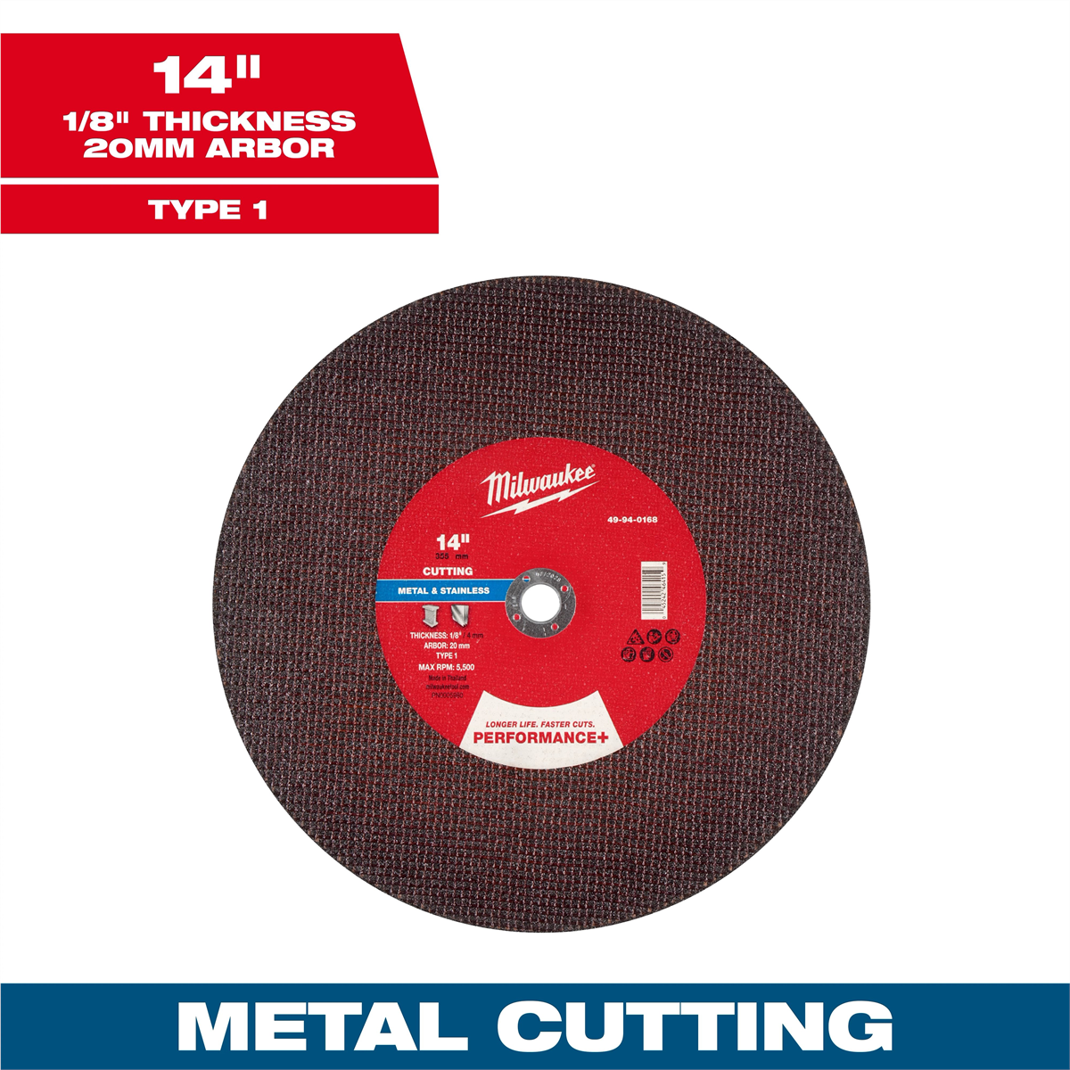 Milwaukee Tool 14" X 1/8" X 20mm Performance+ Metal Cut Off Wheel - Type 1