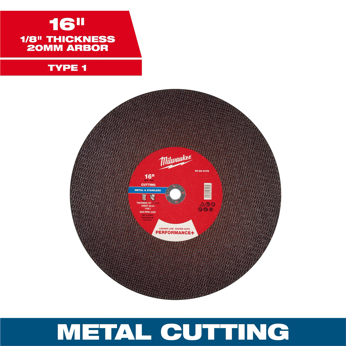 Milwaukee Tool 16" X 1/8" X 20mm Performance+ Metal Cut Off Wheel - Type 1