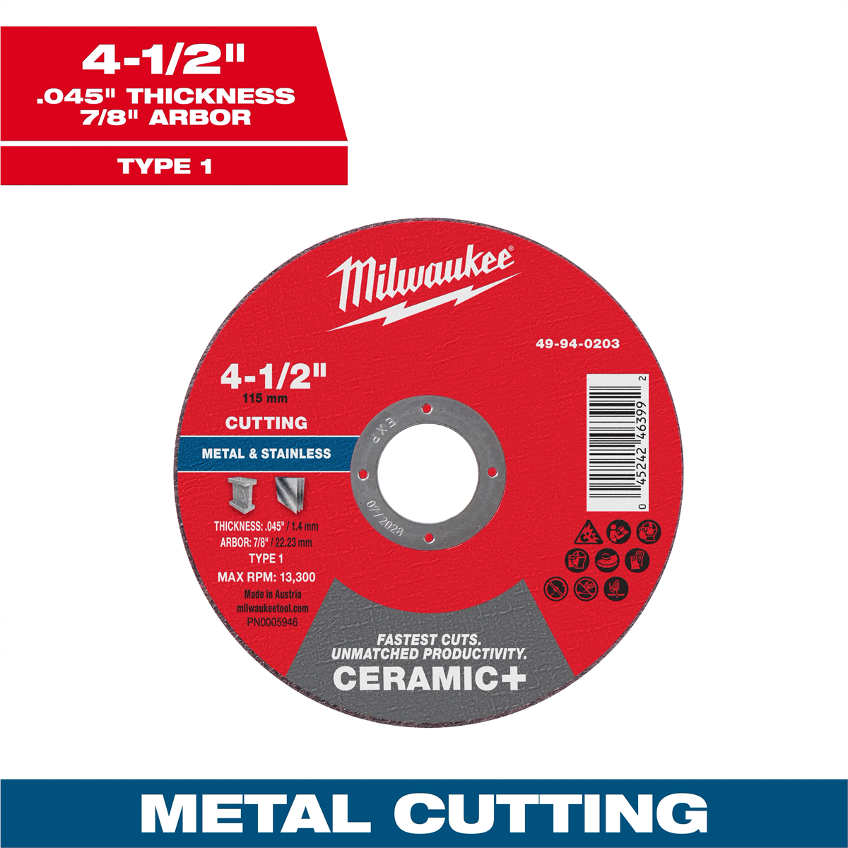 Milwaukee Tool 4-1/2" X .045" X 7/8" Ceramic+ Metal Cut Off Wheel -type 1