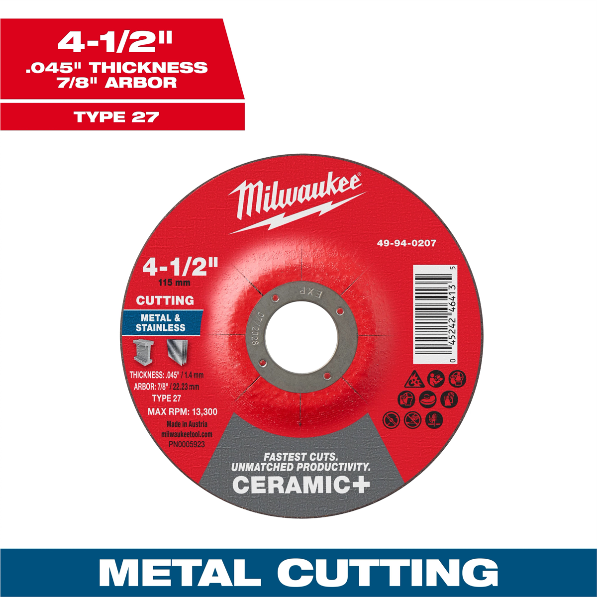 Milwaukee Tool 4-1/2" X .045" X 7/8" Ceramic+ Metal Cut Off Wheel -type 27