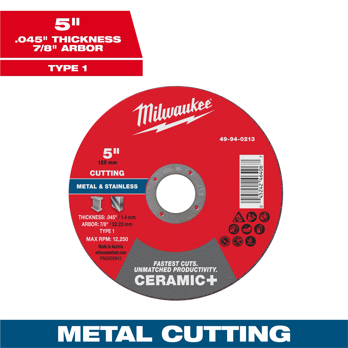 Milwaukee Tool 5" X .045" X 7/8" Ceramic+ Metal Cut Off Wheel -type 1