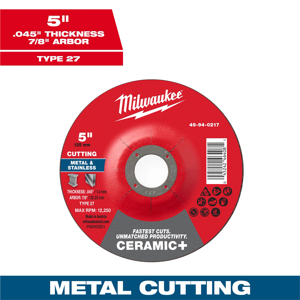 Milwaukee Tool 5" X .045" X 7/8" Ceramic+ Metal Cut Off Wheel -type 27