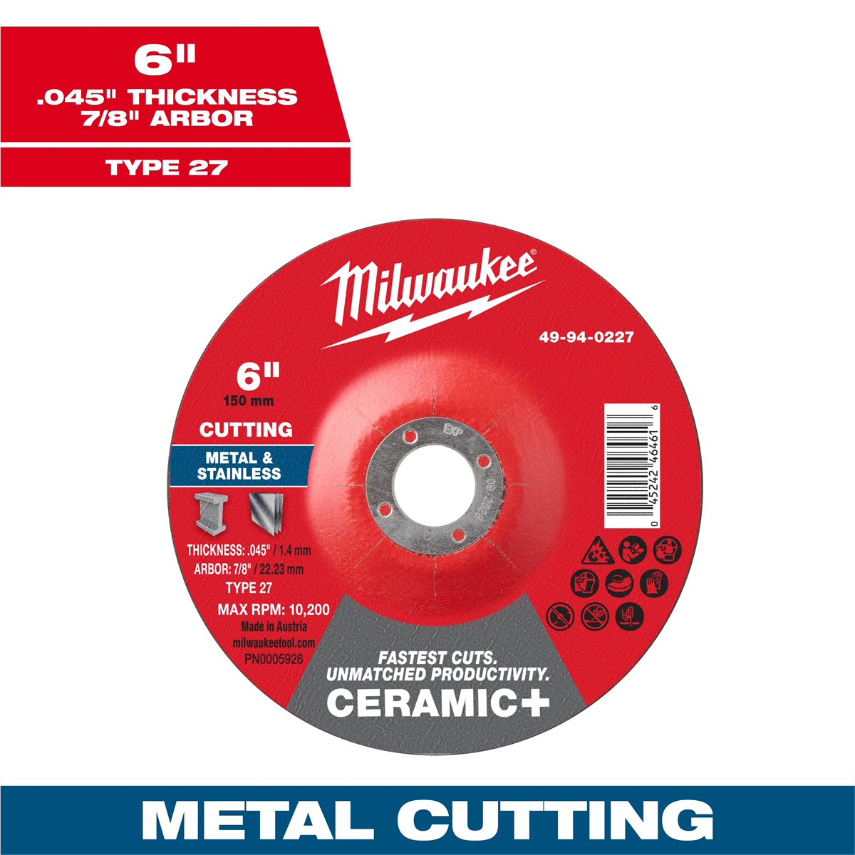 Milwaukee Tool 6" x .045" x 7/8" Ceramic+ Metal Cut Off Wheel -Type 27