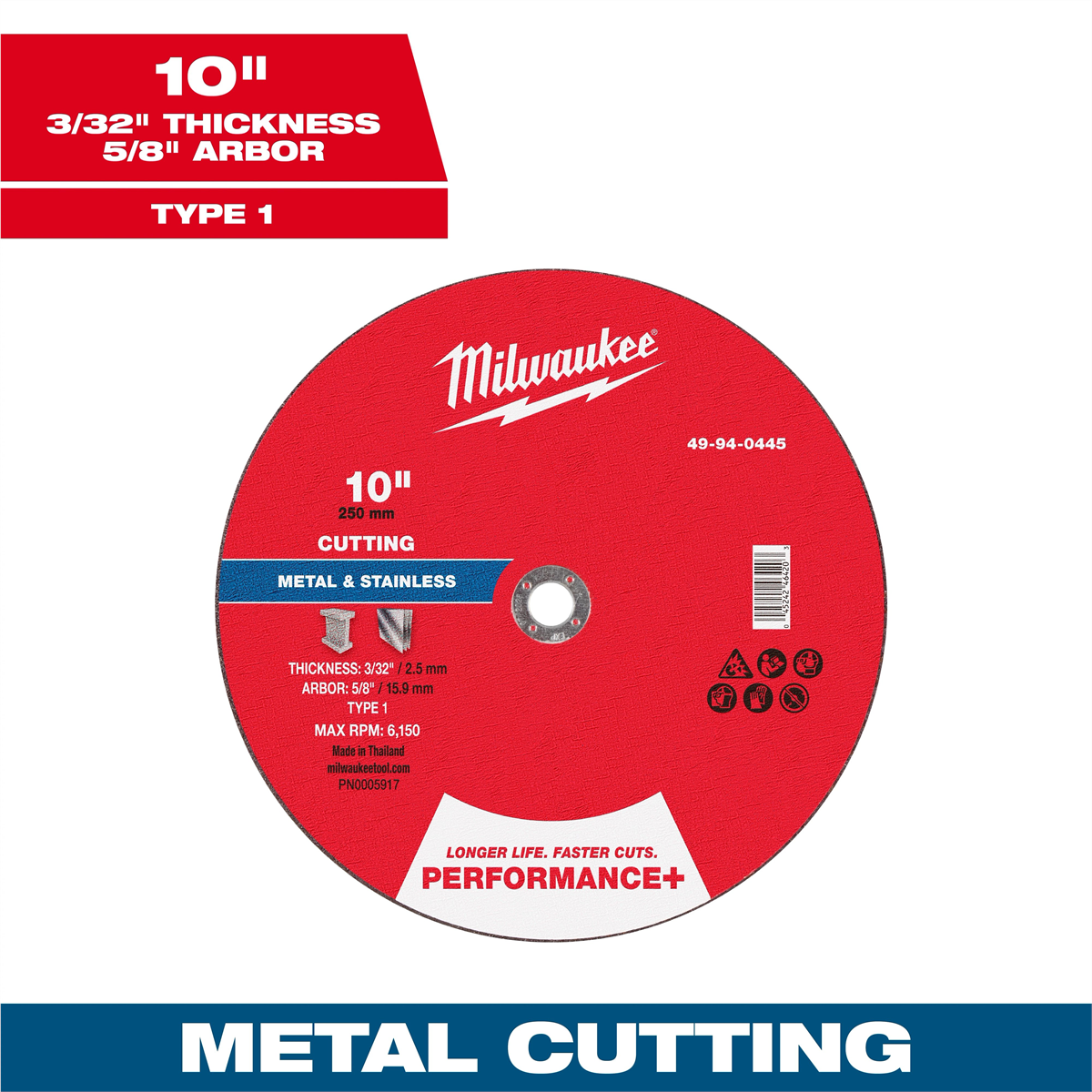 Milwaukee Tool 10" x 3/32" x 5/8" Performance+ Metal Cut Off Wheel - Type 1