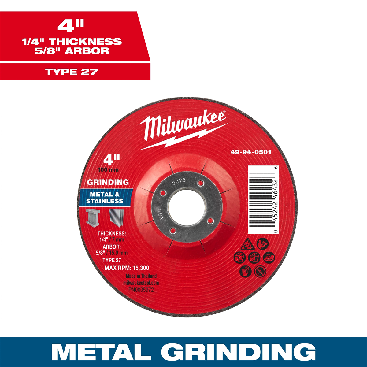 Milwaukee Tool 4" x 1/4" x 5/8" Metal Grinding Wheel - Type 27