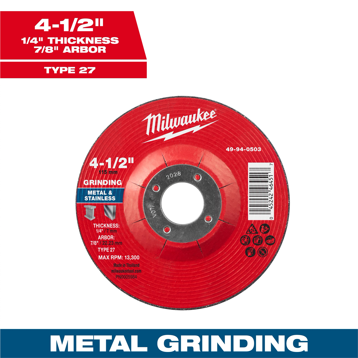 Milwaukee Tool 4-1/2" x 1/4" x 7/8" Metal Grinding Wheel - Type 27