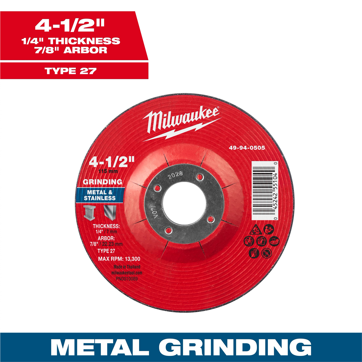 Milwaukee Tool 4-1/2" x 1/4" x 7/8" Metal Grinding Wheel - Type 27