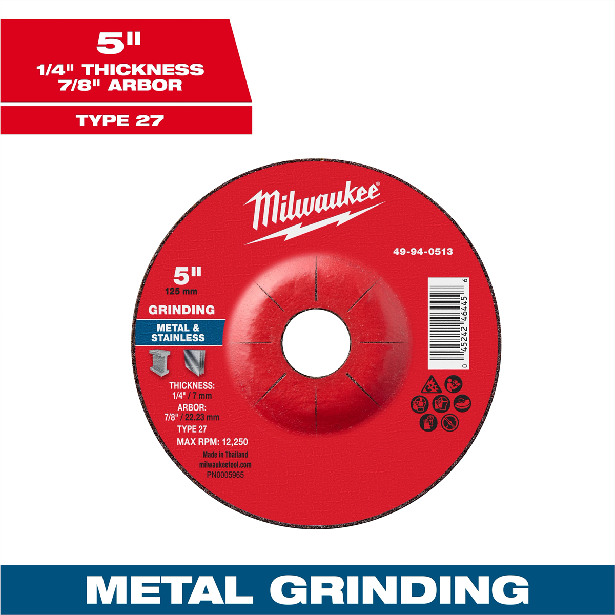 Milwaukee Tool 5" x 1/4" x 7/8" Metal Grinding Wheel - Type 27