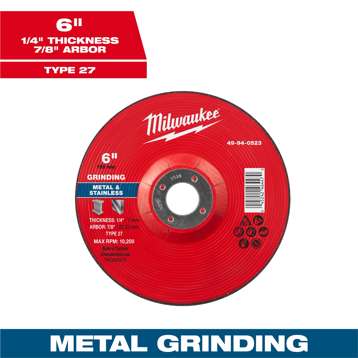 Milwaukee Tool 6" x 1/4" x 7/8" Metal Grinding Wheel - Type 27