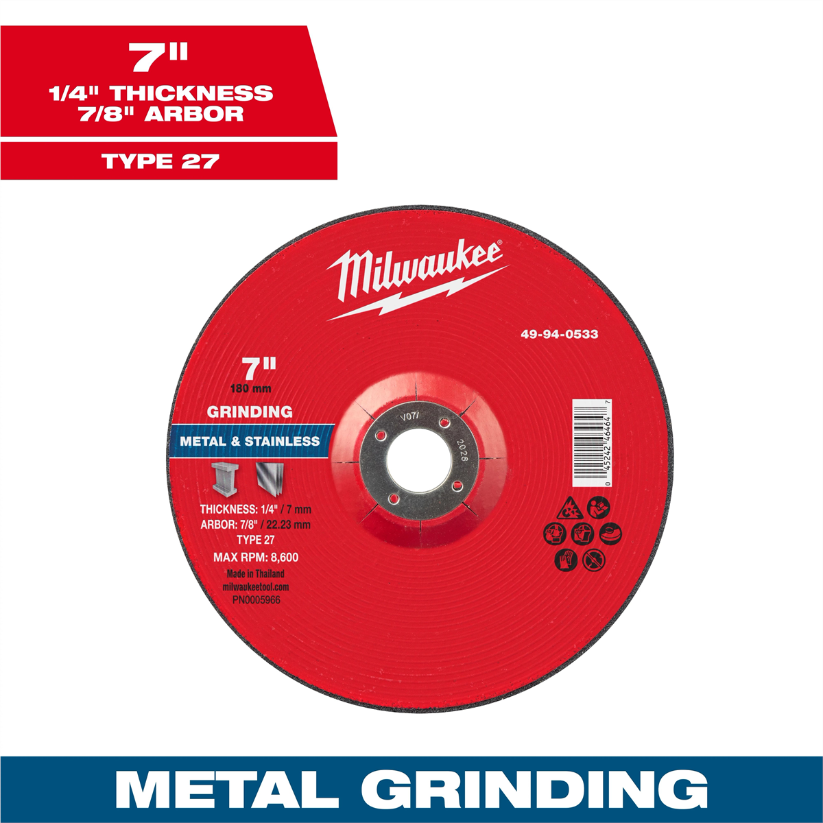 Milwaukee Tool 7" x 1/4" x 7/8" Metal Grinding Wheel - Type 27