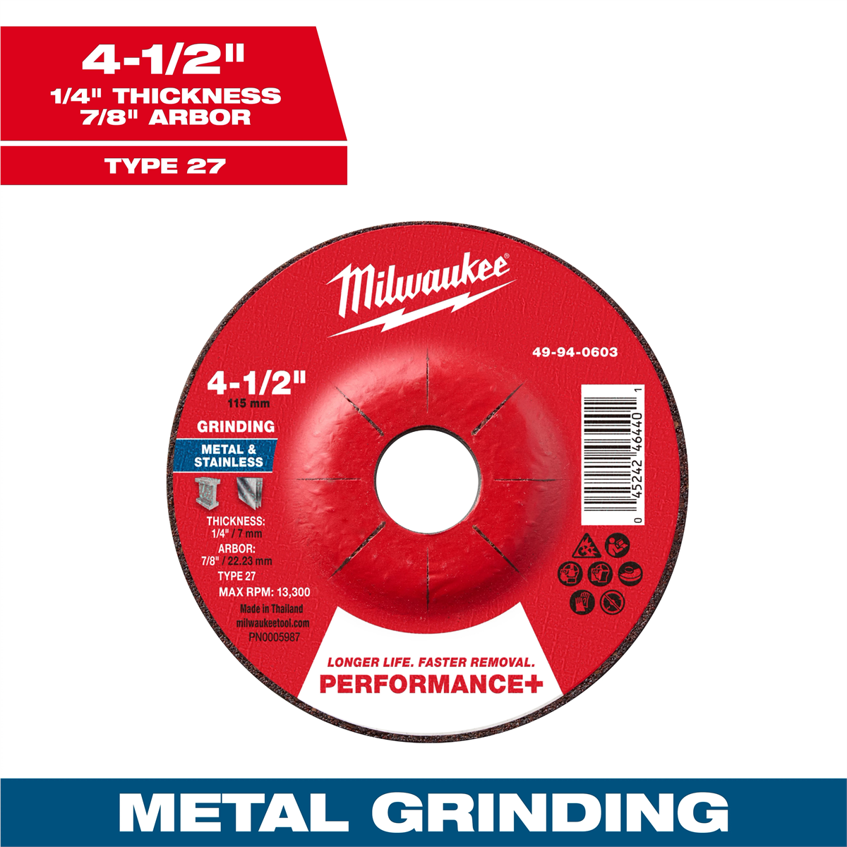Milwaukee Tool 4-1/2" x 1/4" x 7/8" Performance+ Metal Grinding Wheel - Type 27