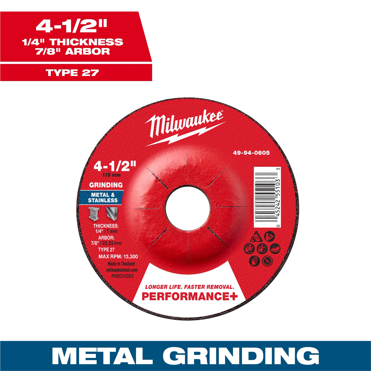 Milwaukee Tool 4-1/2" x 1/4" x 7/8" Performance+ Metal Grinding Wheel - Type 27