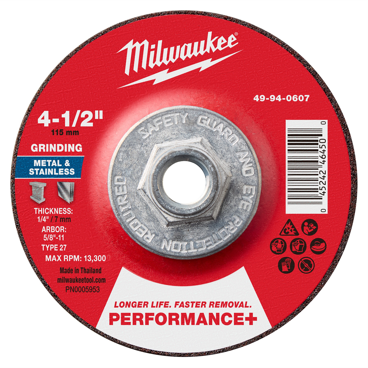 Milwaukee Tool 4-1/2" x 1/4" x 5/8"-11 Performance+ Metal Grinding Wheel - Type 27