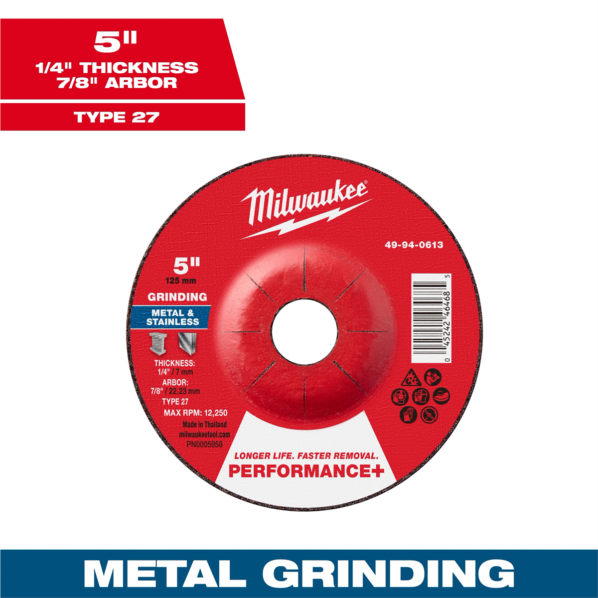Milwaukee Tool 5" x 1/4" x 7/8" Performance+ Metal Grinding Wheel - Type 27