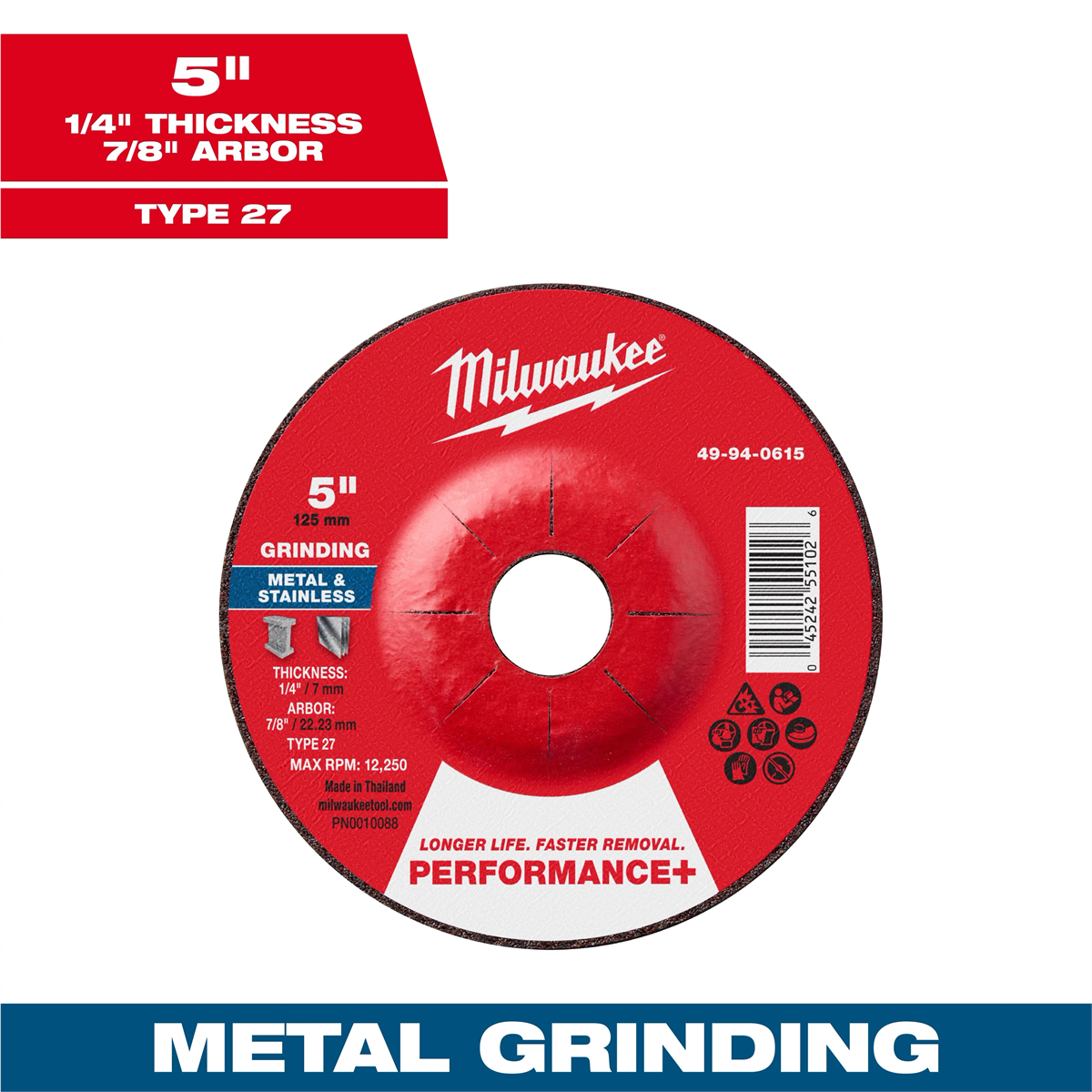 Milwaukee Tool 5" x 1/4" x 7/8" Performance+ Metal Grinding Wheel - Type 27