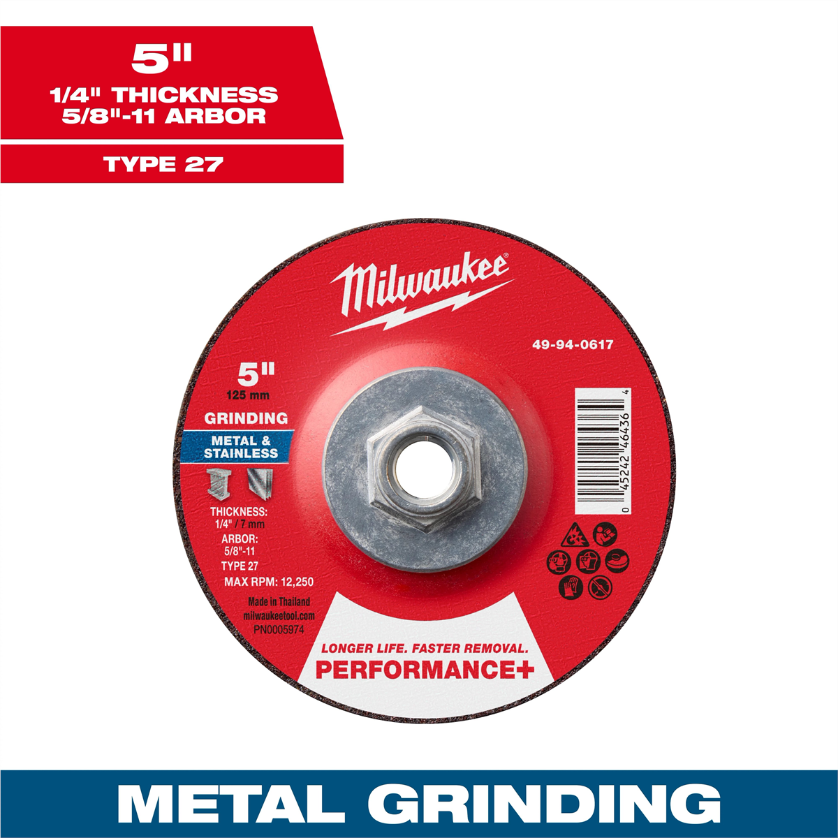 Milwaukee Tool 5" x 1/4" x 5/8"-11 Performance+ Metal Grinding Wheel - Type 27