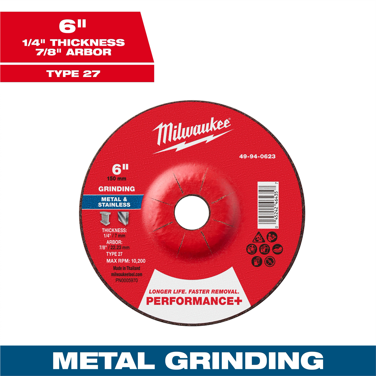 Milwaukee Tool 6" x 1/4" x 7/8" Performance+ Metal Grinding Wheel - Type 27