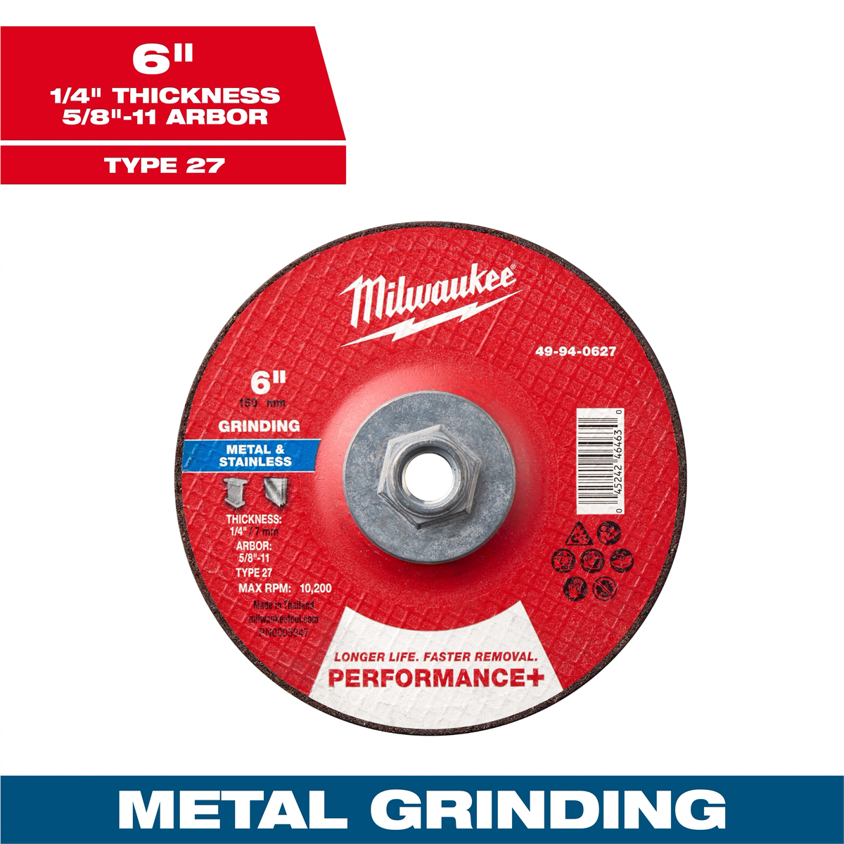 Milwaukee Tool 6" x 1/4" x 5/8"-11 Performance+ Metal Grinding Wheel - Type 27