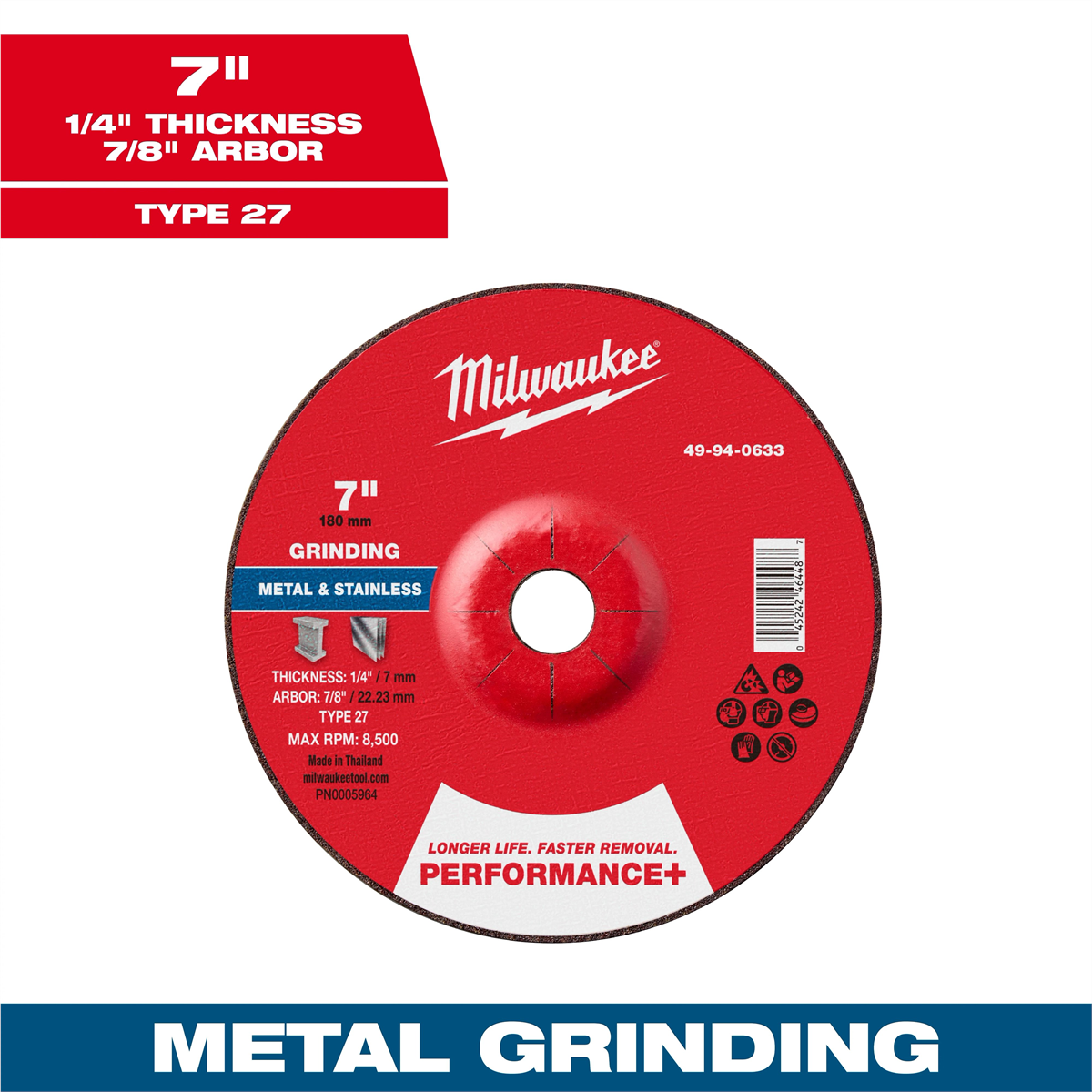 Milwaukee Tool 7" x 1/4" x 7/8" Performance+ Metal Grinding Wheel - Type 27